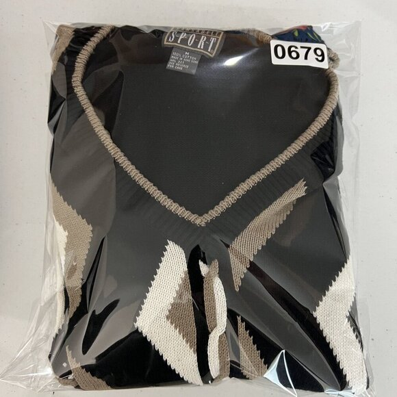 Sansabelt Sport Mens M  V-Neck Black Cotton Sweater Geometric Pattern Timeless - Picture 14 of 14